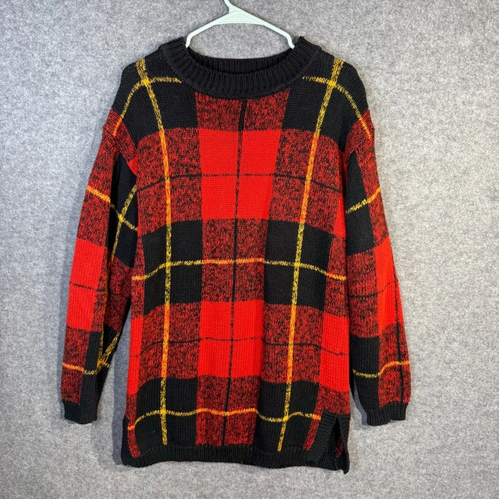 Jones New York‎ Sport Plaid Knit Sweater Women Size S Red Black Yellow Tunic